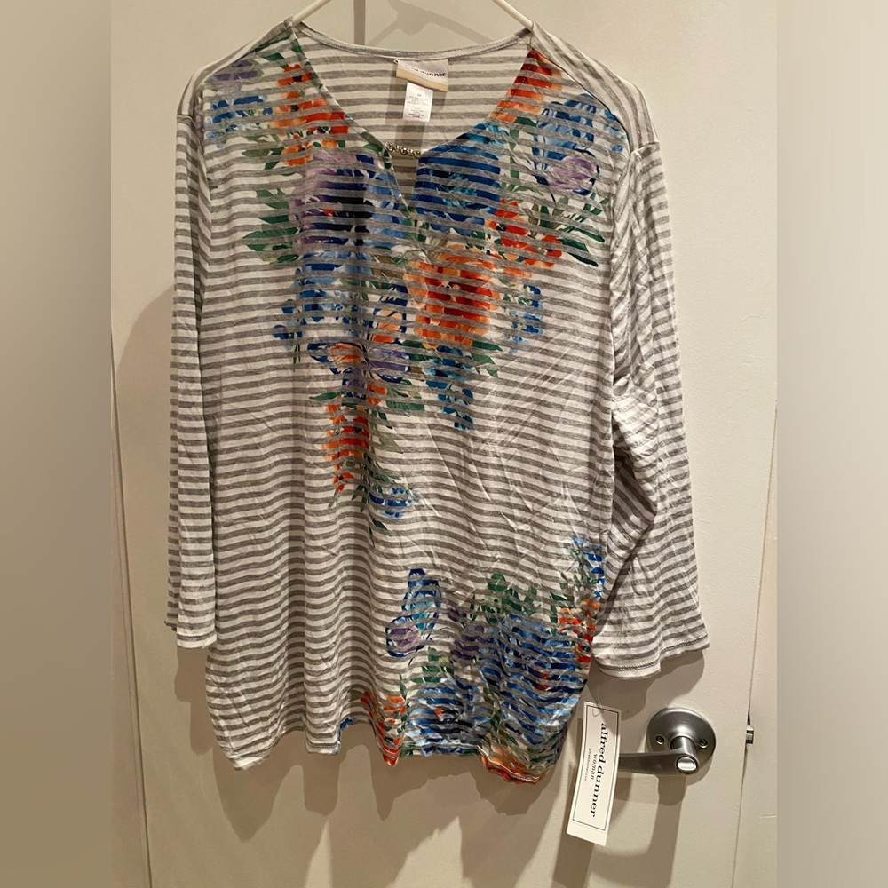 Striped Floral Long-Sleeve Tunic Top - Alfred Dunner Multi Floral on Gray Stripe
